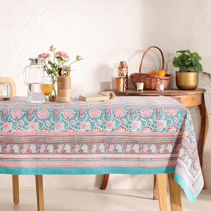 Hand Block Printed Table Cover - Exquisite Design, Premium Cotton Fabric, Perfect for Dining and Decor, Dining Table Linen (Green Delight, 12 Seater 72 x 135 Inches Rectangle)