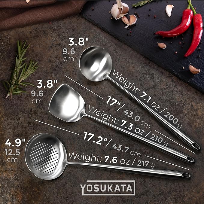 YOSUKATA Carbon Steel Wok Pan – 13,5 “ Stir Fry Pans + 17" Wok Spatula and Ladle Skimmer Spoon + Premium Cover 13.5 inch Lid