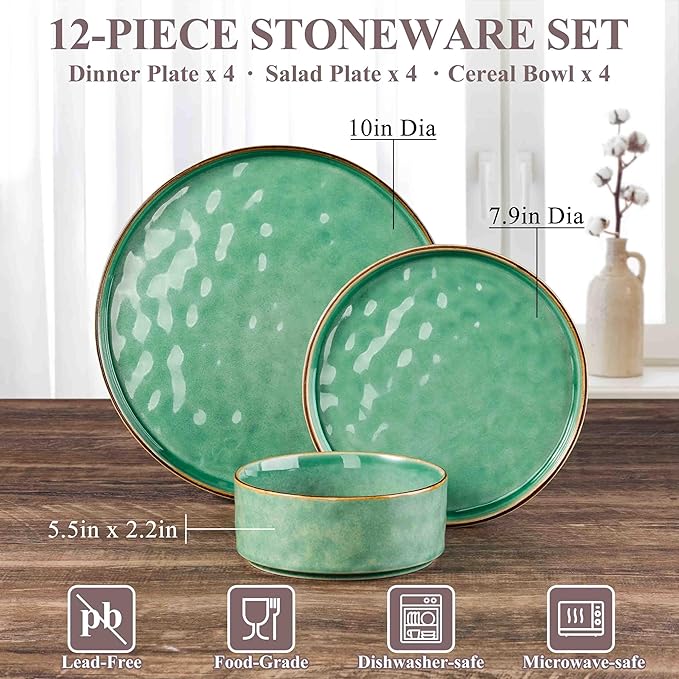 Herogo 12 Pieces Dinnerware Dish Sets for 4, Plates and Bowls Sets for Home Kitchen, Ceramic Dining Dishware, Dishwasher & Microwave Safe, Gemstone Green