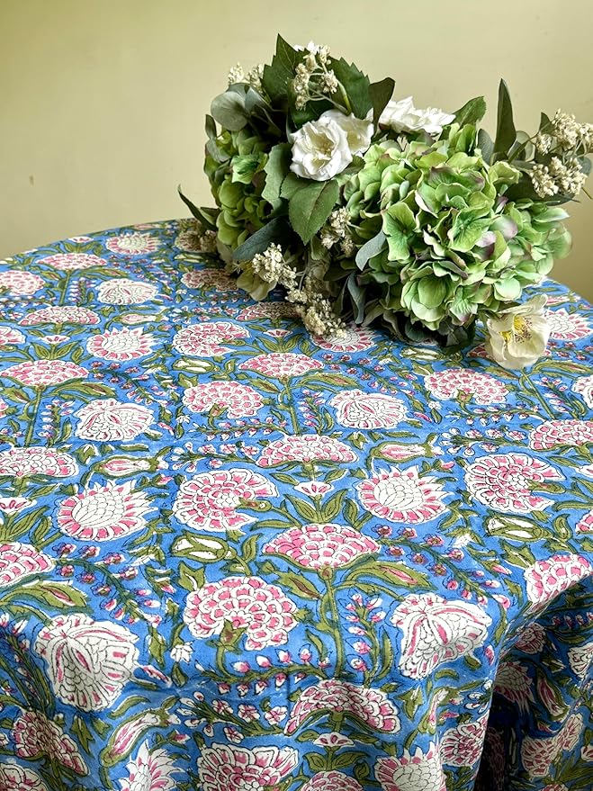 ATOSII Clover Pink 100% Cotton Round Tablecloth, Block Print Floral Table Cloth for Dining, Parties, Weddings, Outdoors, Holidays I 72" Inches, 4 Seater I Grandmillennial Farmhouse Spring Summer