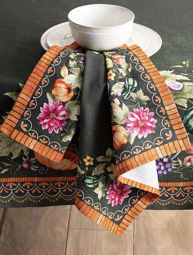 Maison d' Hermine Cloth Napkins Set of 4 100% Cotton for Thanksgiving Christmas Decorations Everyday Reusable Square Fall Napkins Cloth Washable Dinner Party (Pumpkin Garden - Dark Green, 20"x20")
