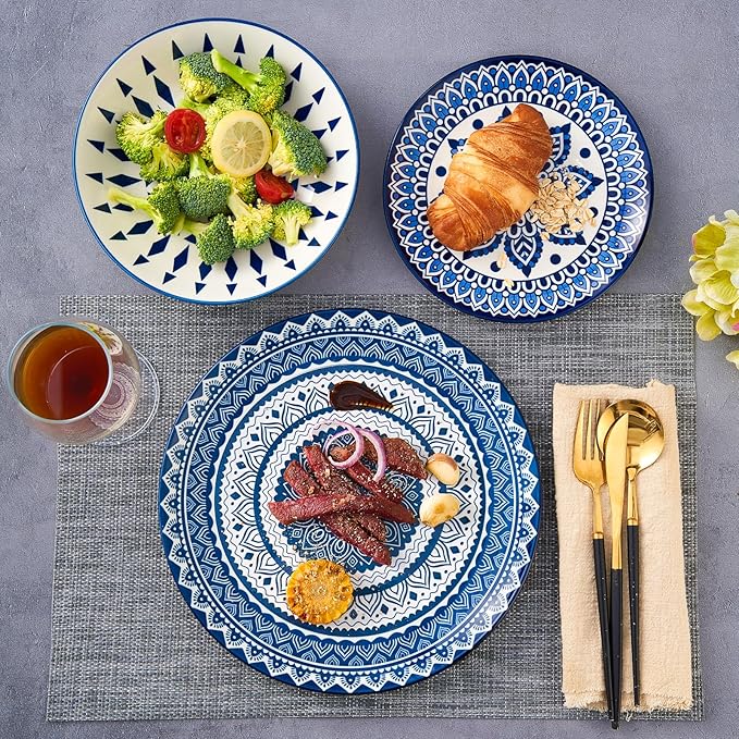 Bestone Porcelain Dinnerware Sets Service for 4, 12 pcs Hand drawn Plates and Bowls Sets, Handmade Ceramic Dish Set, Chip Resistant Modern Plate Set, Dishwasher/Microwave Safe，Vintage Blue