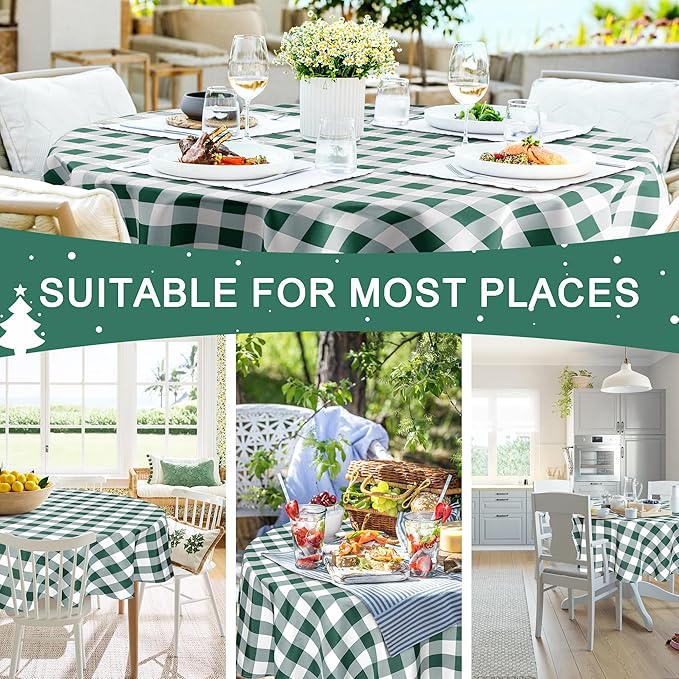 Hiasan Checkered Round Tablecloth 45 Inch for Christmas - Waterproof Stain and Wrinkle Resistant Washable Fabric Table Cloth for Christmas Dining Room Party Outdoor Picnic, Forest Green and White