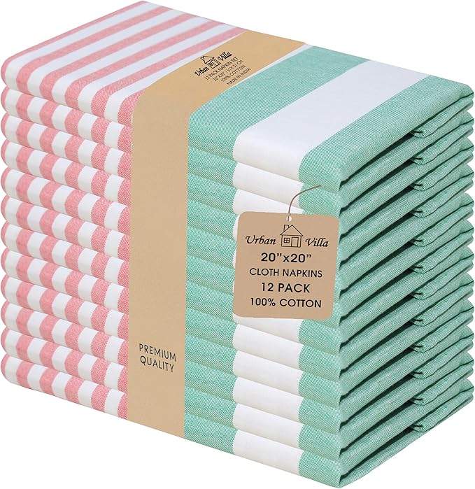 Urban Villa Dinner Napkins Horizontal Stripes Cloth Napkins Set of 12 Ruby/Green Color Dinner Napkins 20x20 Inches 100% Cotton Over Sized Cloth Napkins with Mitered Corners DinnerNapkins