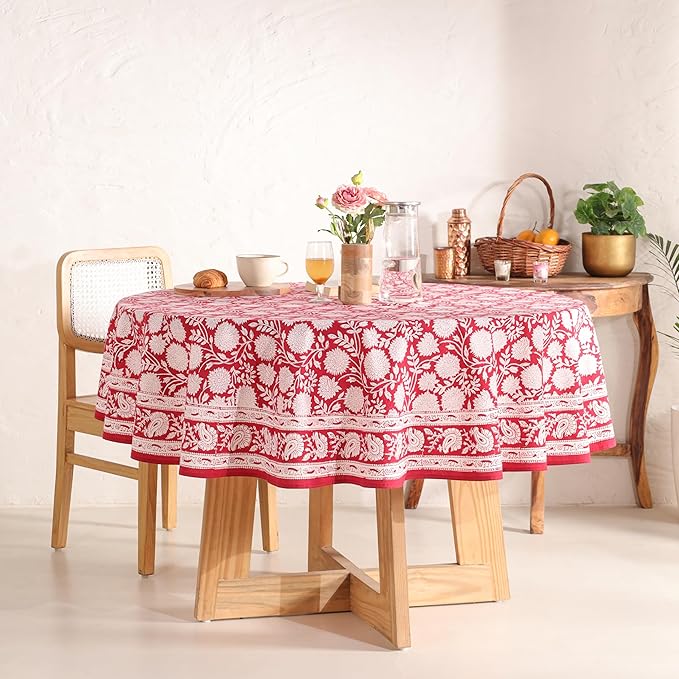 Hand Block Printed Table Cover - Exquisite Design, Premium Cotton Fabric, Perfect for Dining and Decor, Dining Table Linen (Cloudy Red Grace, 6 Seater 72 Inches Round)