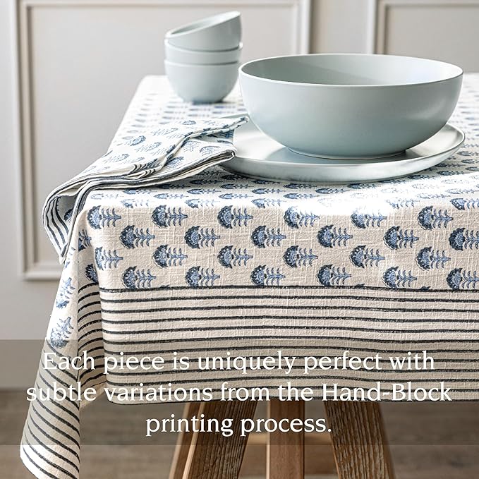 Over&Back Hand-Screened Tablecloth - Dining Table Cover - Each Tablecloth is Unique - 100% Cotton - Machine Washable - Kitchen and Home Decor - Blue Flower - 70x90