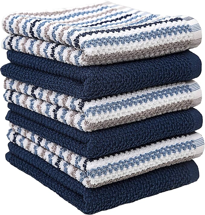 Premium Kitchen Towels (16”x 26”, 6 Pack) | Large Cotton Kitchen Hand Towels | Popcorn Striped Design | Dish Towels | 430 GSM Highly Absorbent Tea Towels Set with Hanging Loop | Blue