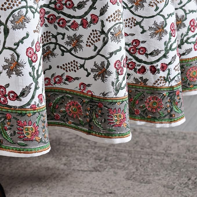 Ridhi Block Print Round Coral Pink Trails Reusable Tablecloth 100% Cotton 90" Inch Decorative Table Cover eveyday Dining, Home, Party, Wedding, Farmhouse Gift for Spring, Easter, Valentine