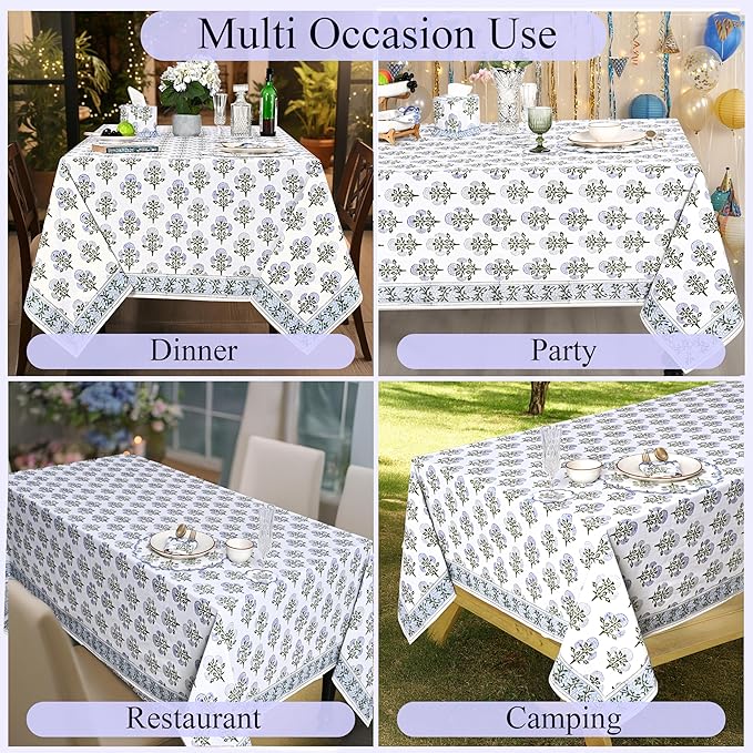 Ridhi Hand Block Print Mughal Buta Blue Square Cotton Tablecloth 60" x 60" Reusable Table Cover Decorative Everyday Use for Dining, Farmhouse, Home Gift for Spring, Easter, Valentine