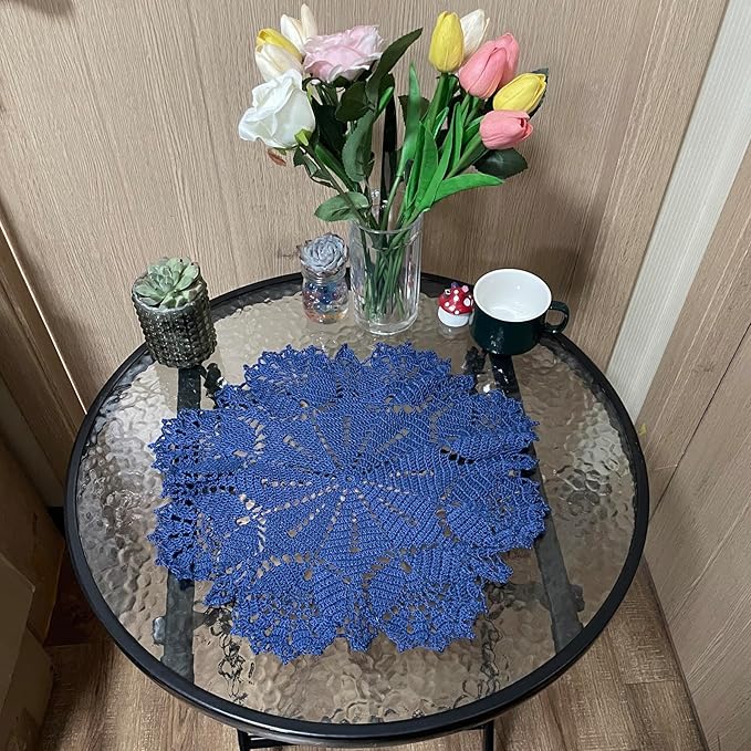 BIBITIME Tulip Flower Doilies Lace Doilies Kitchen Table Doily Mats Tablecloth Handmade Crochet Placemats Vase Dish Plate Mat (1 PC- 15 inches- 16 inches, Navy)