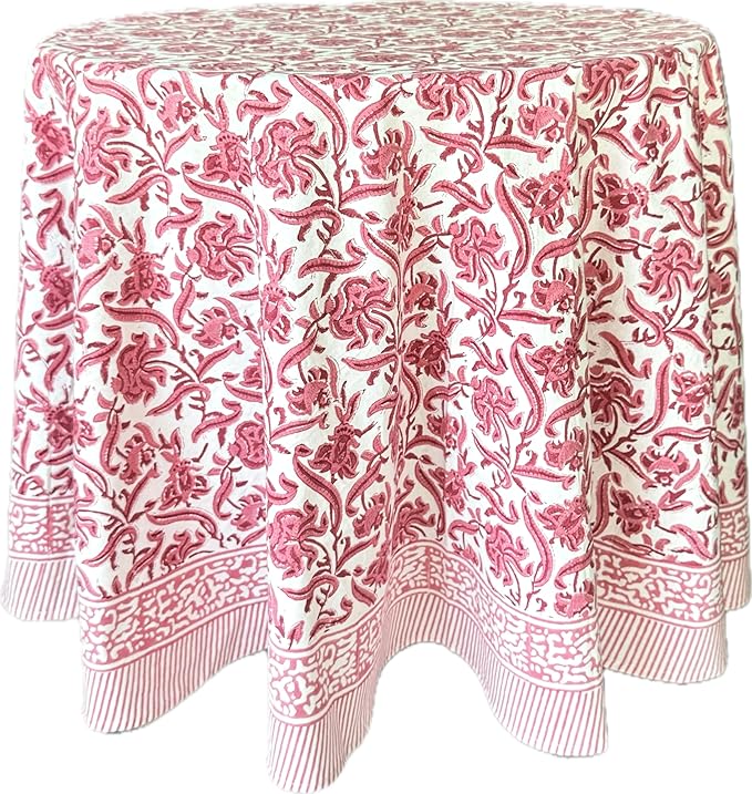 ATOSII Red Bloom 100% Cotton Round Tablecloth, Handblock Print Floral Table Cloth for Kitchen Dining Linen I Parties, Weddings, Outdoors, Easter, Thanksgiving I Fall Home Decor 72" Inches Round