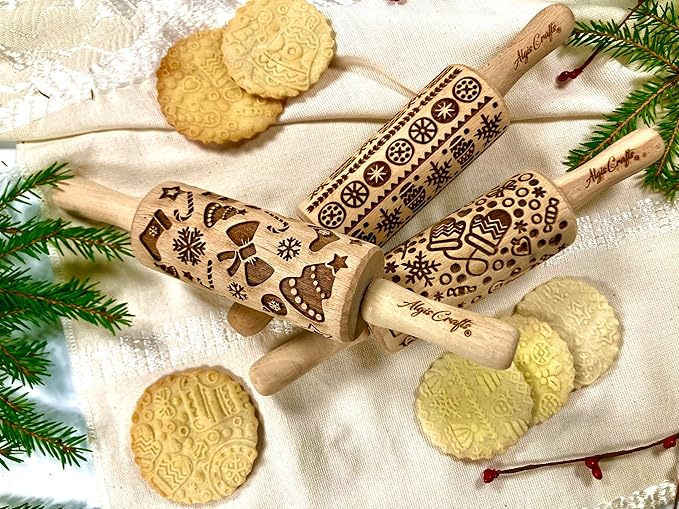 CHRISTMAS FUN 3 Kid Rolling Pin Set. Wooden Laser Cut Embossing Cut Mini Rolling Pins for Embossed Cookies. Gift for Kid, Friend, Christmas by Algis Crafts