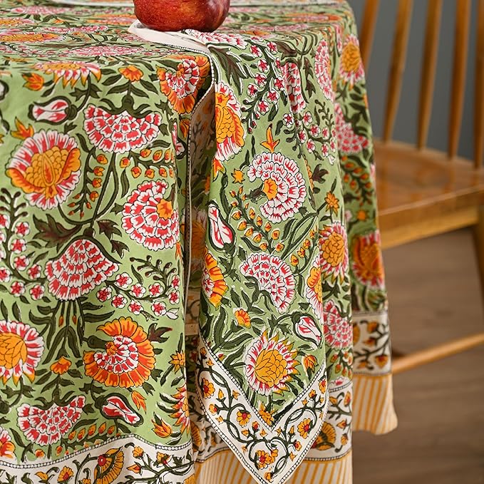 Hand Block Printed Cotton Tablecloth – Elegant Floral Design Perfect for Dining Table Kitchen Parties Home Decor, Wall Tapestry (Daisy Sunshine, 6 Seater 72 Inches Round)