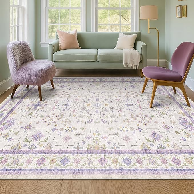 6x9 Lavender Rug for Bedroom, Kids Playroom, Non Slip Large Washable Living Room Area Rug, Low Pile Stain Resistant Foldable Boho Fairy Décor