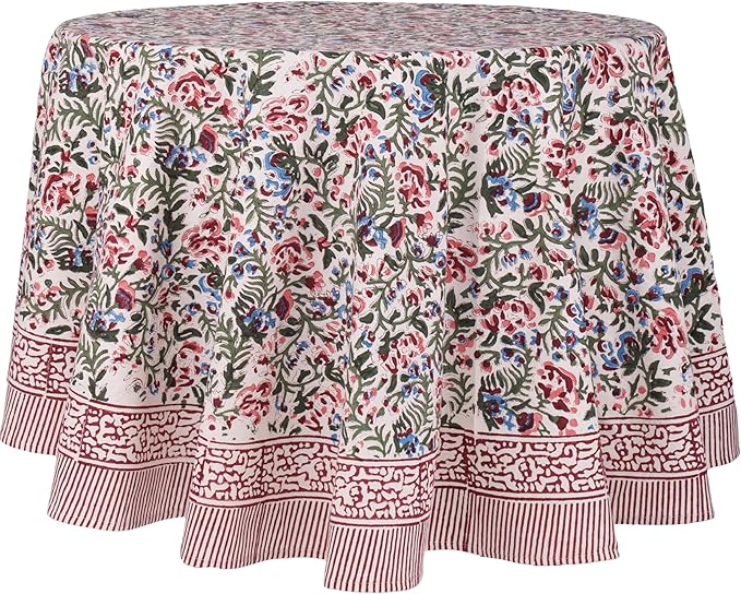 ATOSII Ambrosia 100% Cotton Round Boho Fall Tablecloth, Handblock Floral Table Cloth Linen for Kitchen Dining I Parties Wedding Outdoors Christmas Thanksgiving I Fall Home Decor 90" Inches Round