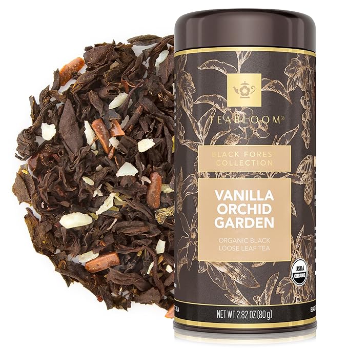 Teabloom Organic Black Tea, Vanilla Orchid Garden Loose Leaf Tea, USDA Certified Organic and Kosher Certified, 2.80 Ounce Canister Makes 35-50 Cups