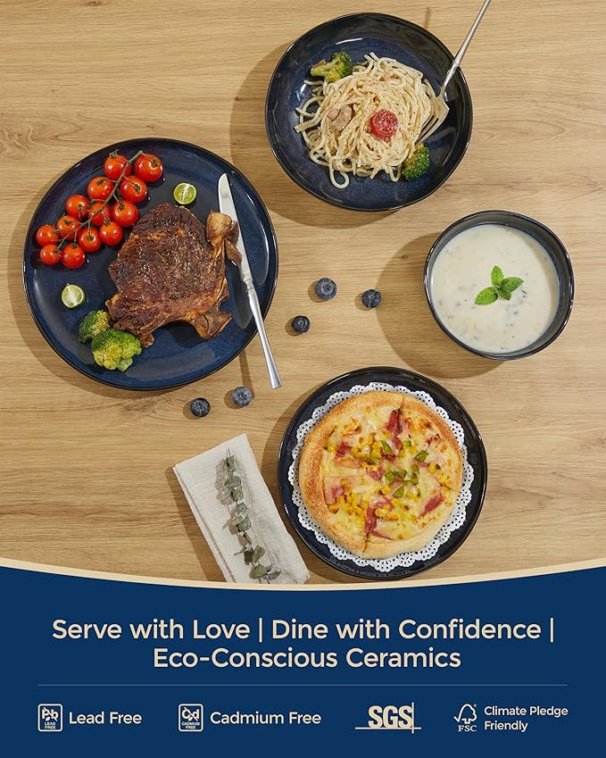 24 Pieces Dinnerware Set for 6 with Pasta Bowls, Complete Ceramic Dish Set, Stackable & Glossy Stoneware Plate and Bowl Set for Effortless Everyday Hosting, Starry Blue