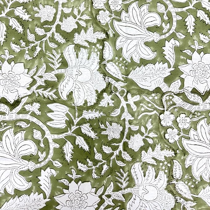 ATOSII Noori Green 100% Cotton Tablecloth, Block Print Rectangle Table Cover for Dining, Parties, Weddings, Outdoors, Holidays, 60 X 90 Inches I 6 Seater I Grandmillennial Preppy Boho Farmhouse Summer