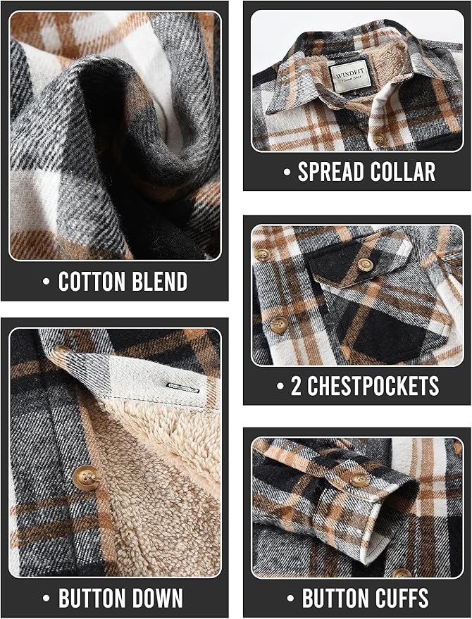 Men's Cotton Sherpa Lined Button Down Flannel Shirt Jacket Plaid Soft Outdoor Flannel Jacket Shirt