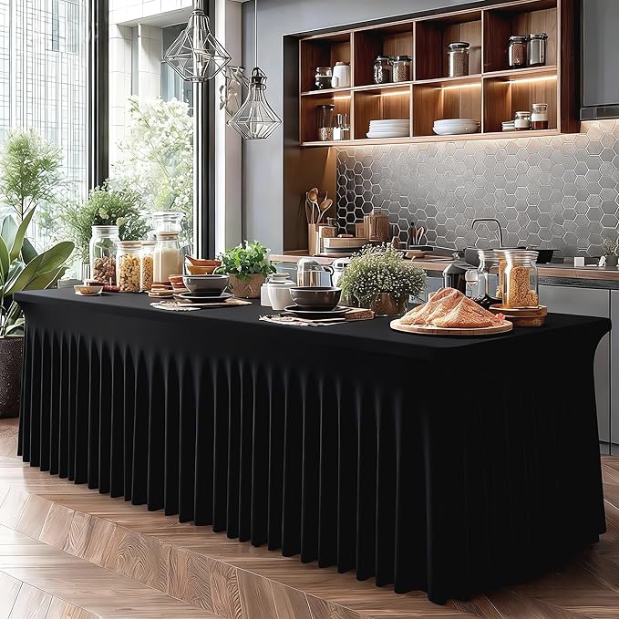 6 Packs Black Spandex Table Covers 6 Foot, Fitted Stretch Table Cloth with Skirts 72x30 Inch, Wrinkle-Free Floor Length Rectangle Tablecloths for Trade Show Weddings Parties Banquets Events