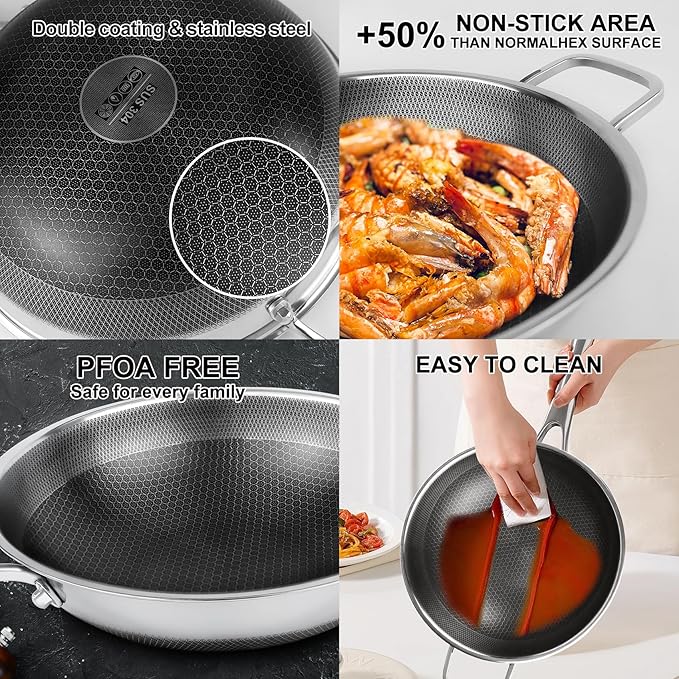 Wok Pan with Lid,12.6 inch Hybrid Woks & Stir-fry Pans Nonstick Stainless Steel Cookware, Cooking Wok for Induction Cooktop, Double Coated Honeycomb Pan