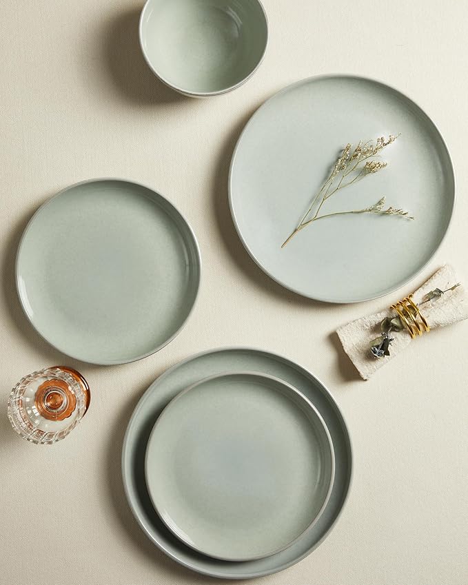 Santorini Mist Terracotta Reactive Glaze Plates and Bowls Sets, Stoneware Dinnerware Sets, Microwave and Dishwasher Safe Ceramic Dish Set Service for 4, Slate Green