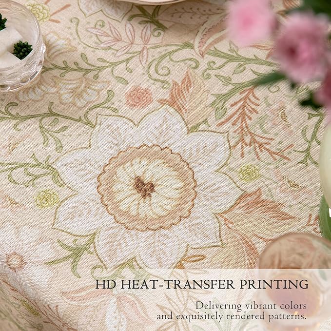 French Linen Tablecloth Rectangular, Vintage Floral Table Cloth, Waterproof Table Cover for Picnic Dining Party Wedding, Blossom Pink, 63x106''