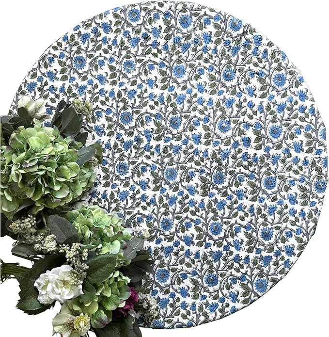 ATOSII Lake Como 100% Cotton Summer Round Tablecloth, Block Print Table Cloth for Dining, Weddings, Outdoors, Parties I Grand Millenial Farmhouse Coastal Boho Home Decor 60" Inches