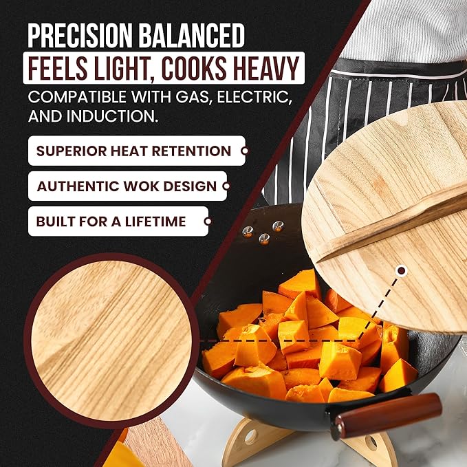 Pre-Seasoned Cast Iron Nonstick Stir-Fry Pan | Dual Handles & 4 Spatulas | Flat Bottom Wok with Wooden Lid & Wood Handle | Traditional Chinese Induction Wok (36Cm)