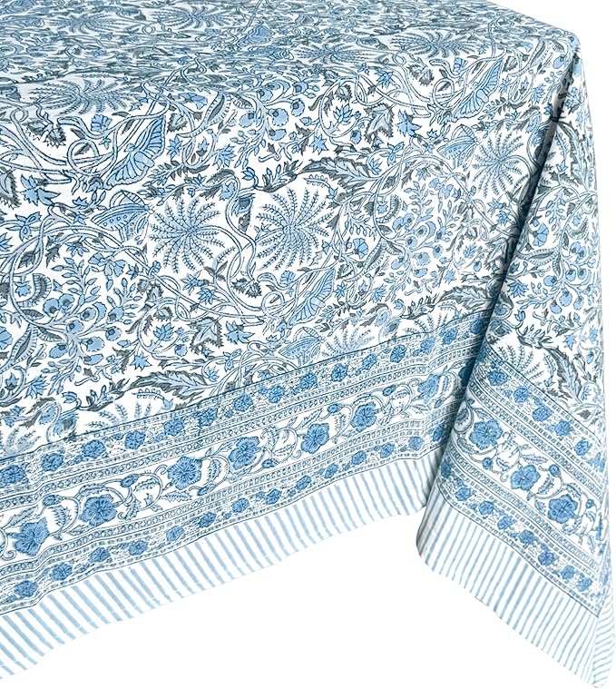 ATOSII Butterfly Blue 100% Cotton Rectangle Boho Fall Tablecloth, Handblock Floral Table Cloth Linen for Kitchen Dining I Parties Wedding Outdoors Christmas Thanksgiving I 72 X 120 Inches I 10 Seater
