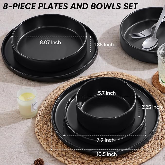 E-far 8-Piece Black Plates and Bowls Sets - Stoneware Dinnerware Sets with Pasta Bowls for 2 | Matte Black Kitchen Modern Dish Set, Microwave & Dishwasher Safe