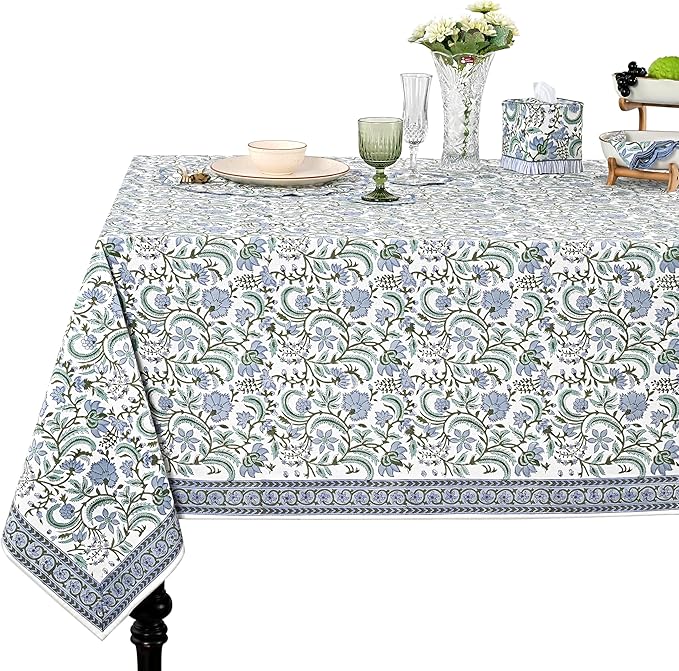 Ridhi Hand Block Print Columbia Blue Rectangle Cotton Tablecloth 108" x 70" Reusable Table Cover Decorative Everyday Use for Dining, Farmhouse, Home Gift for Spring, Easter, Valentine