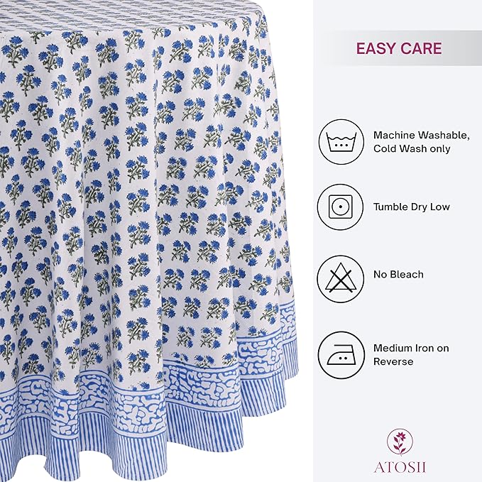 ATOSII Gulbahar Blue 100% Cotton Fall Round Tablecloth, Handblock Print Floral Table Cloth for Kitchen Dining Linen I Thanksgiving, Christmas, Weddings, Outdoors, Parties I 90" Inches Diameter