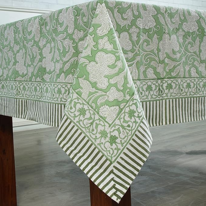 Ridhi - Hand Block Print Cotton Cloth Dinning Table Cover Wedding Farmhouse Thanks Giving Christmas Spring Tablecloth (Sage Green, 8 Seater 70x108 Inches)