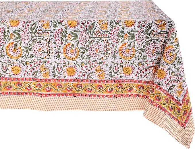 ATOSII Clover Yellow 100% Cotton Rectangle Fall Tablecloth, Handblock Floral Print Linen Table Cloth for Kitchen Dining I Parties, Outdoors, Christmas, Thanksgiving I 72 X 140 Inches I 12 Seater