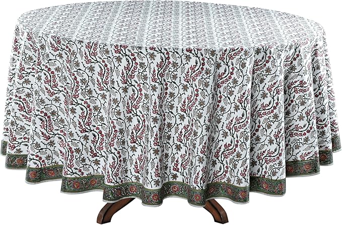Ridhi Block Print Round Coral Pink Trails Reusable Tablecloth 100% Cotton 90" Inch Decorative Table Cover eveyday Dining, Home, Party, Wedding, Farmhouse Gift for Spring, Easter, Valentine