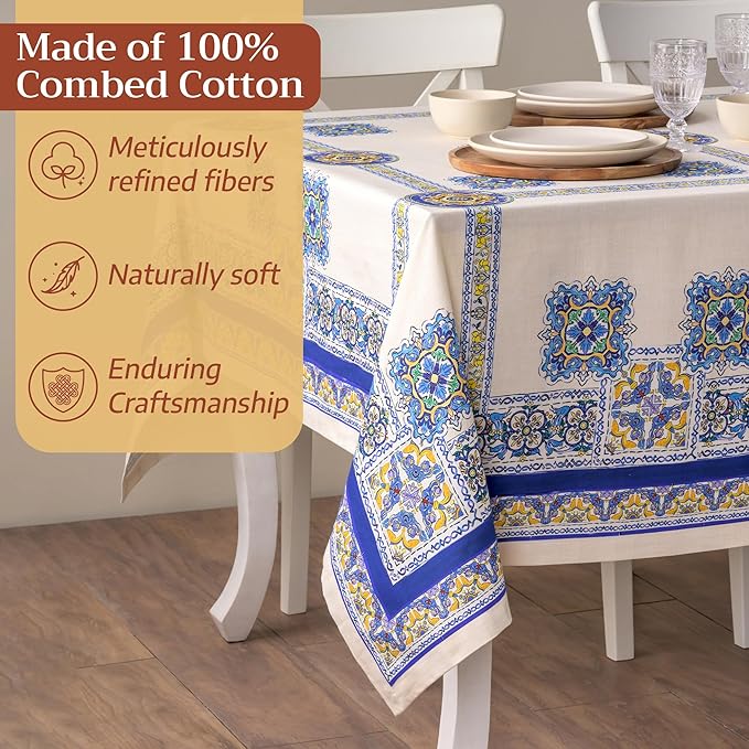 Maison d' Hermine Premium Table Cloth Rectangle Table 100% Combed Cotton 90 x 70 Inches Tablecloth Reusable Decorative for Dining Room, Farmhouse, Home, Party, Festive & Wedding - Sciacca