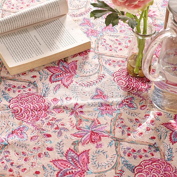 Hand Block Printed Table Cover - Exquisite Design, Premium Cotton Fabric, Perfect for Dining and Decor, Dining Table Linen (Rose Tangerine Grace, 8 Seater 72 x 108 Inches Rectangle)