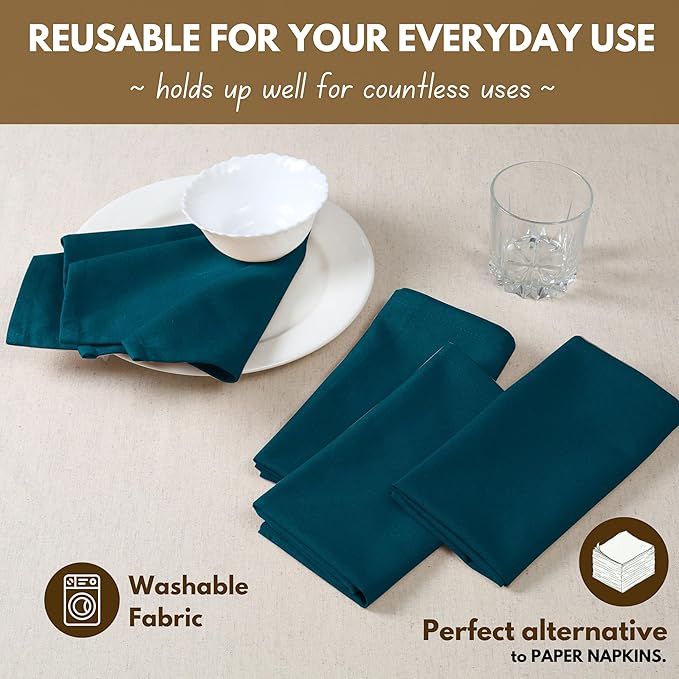 Native Fab Cloth Napkin Set of 12, 100% Cotton, Washable, Reusable Dinner Cloth Napkin 17x17 inches, Table Decor Napkins for Dinner, Events, Teal Green