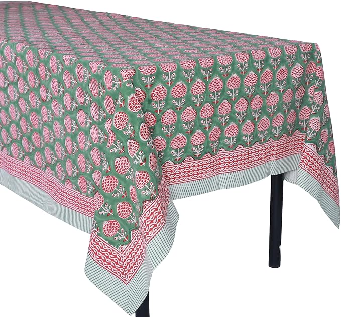 ATOSII Roma Green 100% Cotton Spring Summer Tablecloth, Handblock Print Rectangle Table Cover for Kitchen Dining Linen I Parties, Outdoors, Wedding, Easter Table Cloth I 72 X 108 Inches I 8 Seater