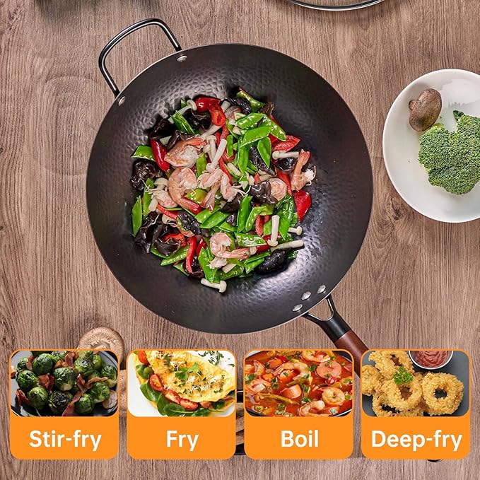 WANGYUANJI Iron Wok,13.4 inch Chinese Craft Wok with Lid Flat Bottom Stir Fry Pan,Chemical-free Wok Pan for All Stoves,Wrought Iron Wok Pure Iron Cookware