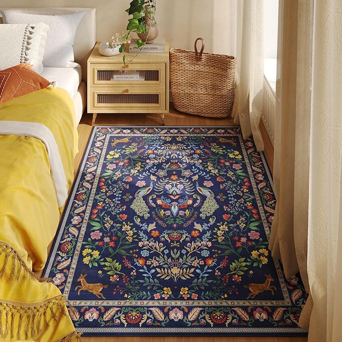 Rugcomf Area Rug 4x6 Rug Washable Rugs Floral Non Slip Low Pile Small Carpet for Bedroom, Bedside, Kids Room, Office, Dining Room(Blue)