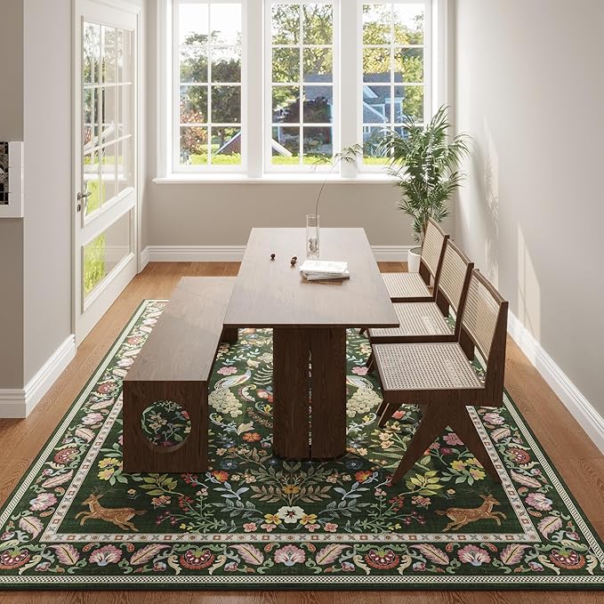 Living Room Rug 6x9 Rug Machine Washable Area Rug Floral Non-Slip Low Pile Large Rug for Living Room, Bedroom, Farmhouse, Dining Room, Kids Playroom (Emerald Green)