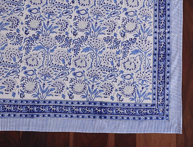 ATOSII Indigo Bloom 100% Cotton Rectangle Fall Tablecloth, Handblock Floral Linen Table Cloth for Dining Table I Parties Christmas Thanksgiving Grand Millennial Home Decor 72 X 140 Inches I 12 Seater