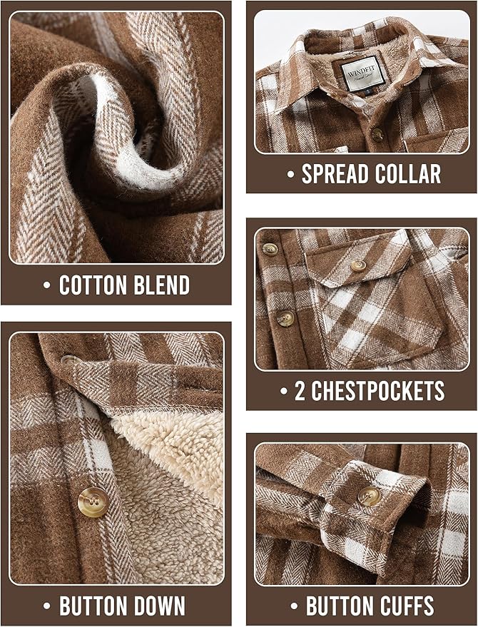 Men's Cotton Sherpa Lined Button Down Flannel Shirt Jacket Plaid Soft Outdoor Flannel Jacket Shirt