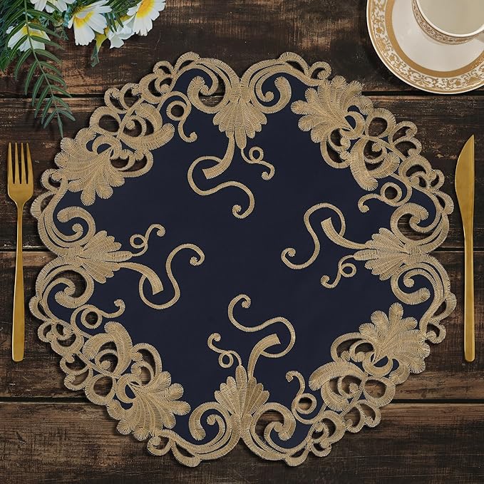 Decozen Set of 12 Doilies for Table, Lace Doilies - Rustic, Crochet, Farmhouse, Kitchen, Round Christmas Placemats - Dining Table Centerpiece Decor - 15 inch Gold Blue, The Vintage Opulence Collection