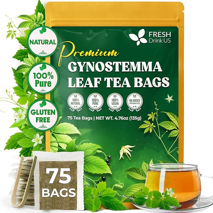 FreshDrinkUS, Premium Gynostemma Tea Bags (Jiaogulan) | 75 Count | Naturally Smooth & Earthy Caffeine-Free Herbal Tea – Plant-Based Tea Bags for Daily Enjoyment. Caffeine Free, Sugar Free. Vegan