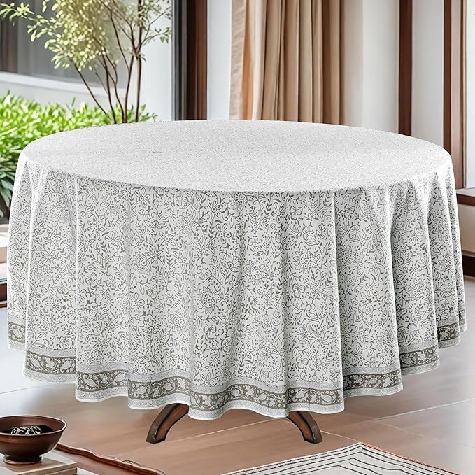 Ridhi Block Print Round Taupe Jal Reusable Tablecloth 100% Cotton 60" Inch Decorative Table Cover eveyday Dining, Home, Party, Wedding, Farmhouse Gift for Spring, Easter, Valentine