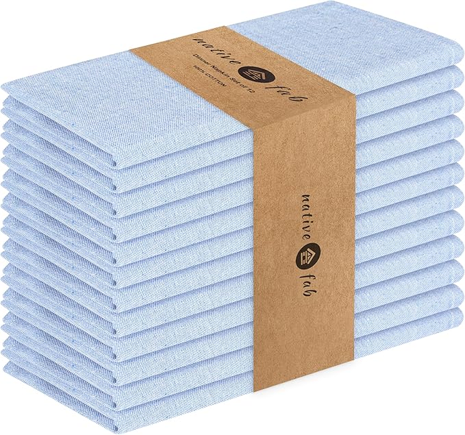 Native Fab Solid Cloth Napkin Set of 12, 100% Chambray Cotton, Washable, Reusable Dinner Cloth Napkin 17x17 inches, Table Decor Napkins for Dinner, Events, Sky Blue