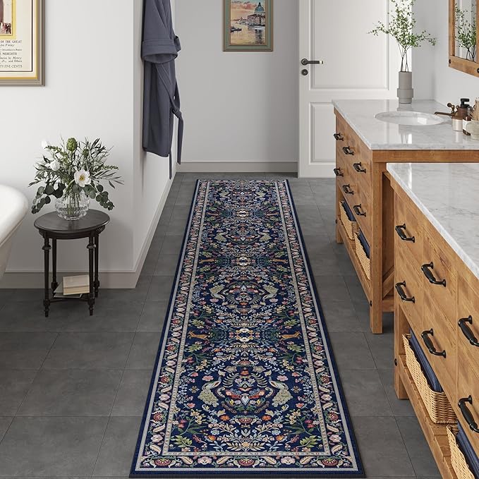 Rugcomf Runner Rug Washable Kitchen Runner 2'x 10' Runner Rug for Entryway Indoor Floral Soft Non-Slip Carpet Runner for Hallways, Kitchen, Laundry, Bedroom, Bathroom(Blue)